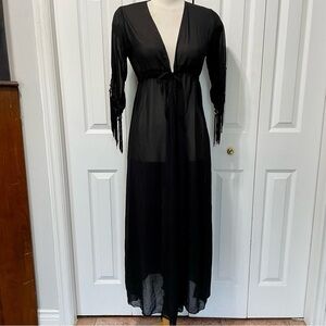 Elegant Black Sheer Fringed Sleeves Tie Waist Kimono Robe Coverup